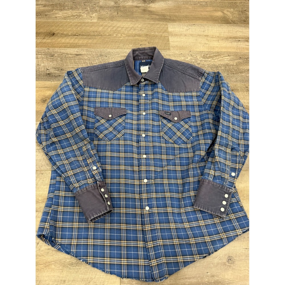 Wrangler Mens XL Blue Plaid Western Snap Button Shirt Contrast Yoke MS722BM